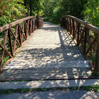 Pedestrian bridge installed on a trail, built by Coyote Bridges